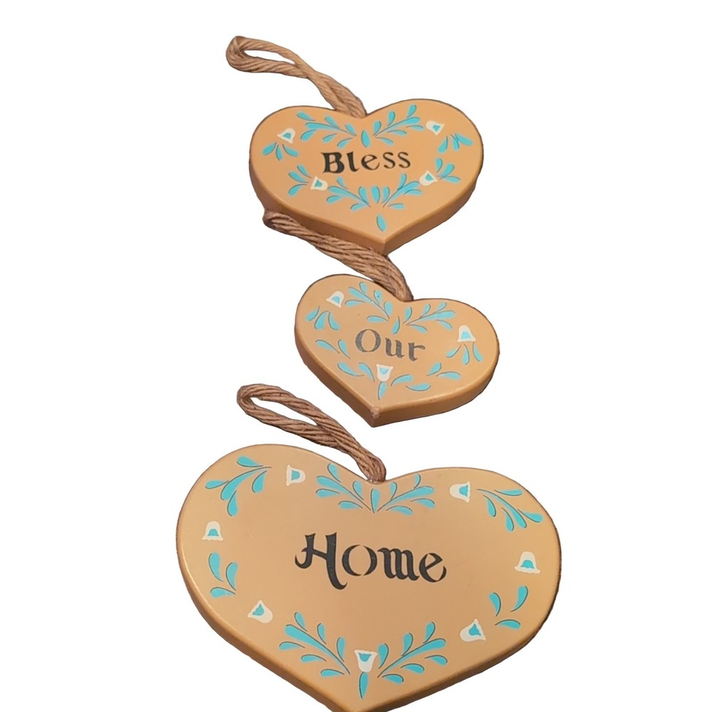 Bless Our Home TT-58 Heart Hanging Wall Decor Plaques Set of 3 Tan Blue White